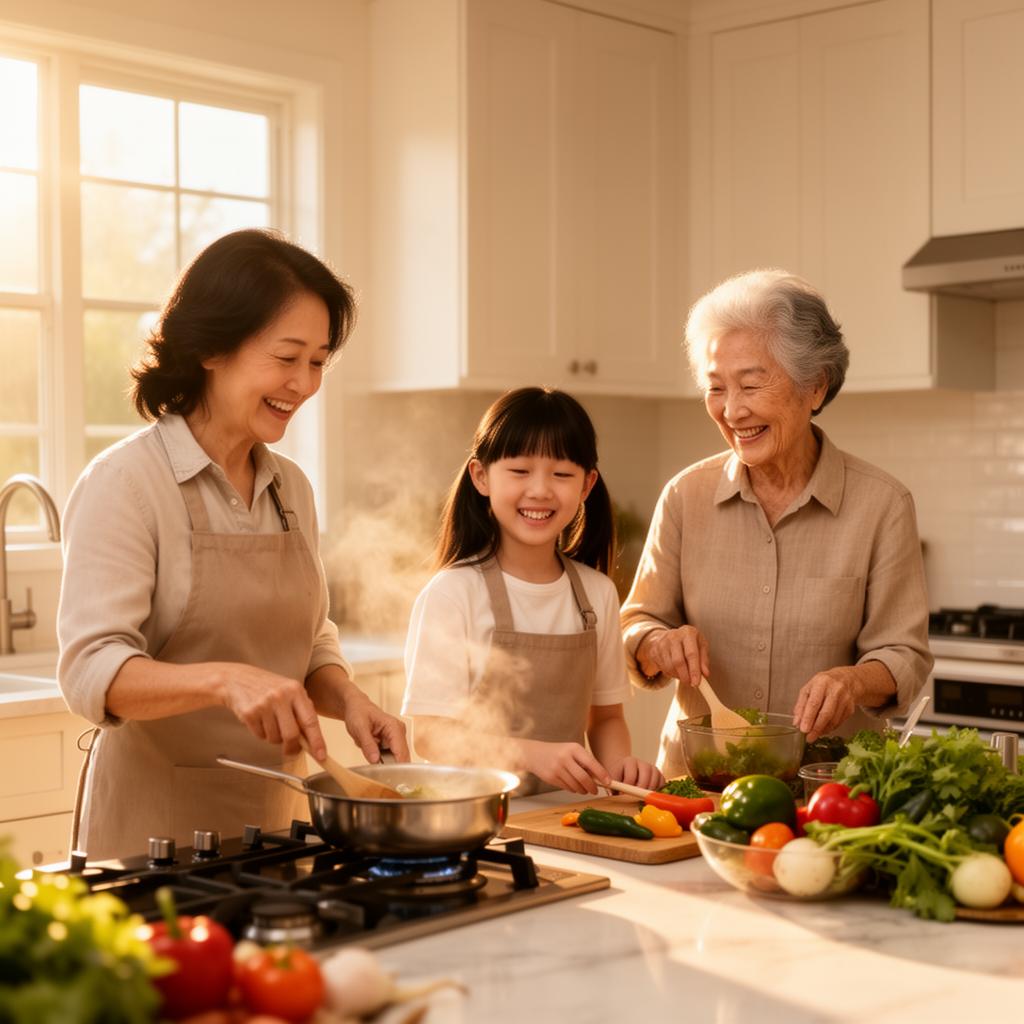 Asian family cooking together in a warm kitchen