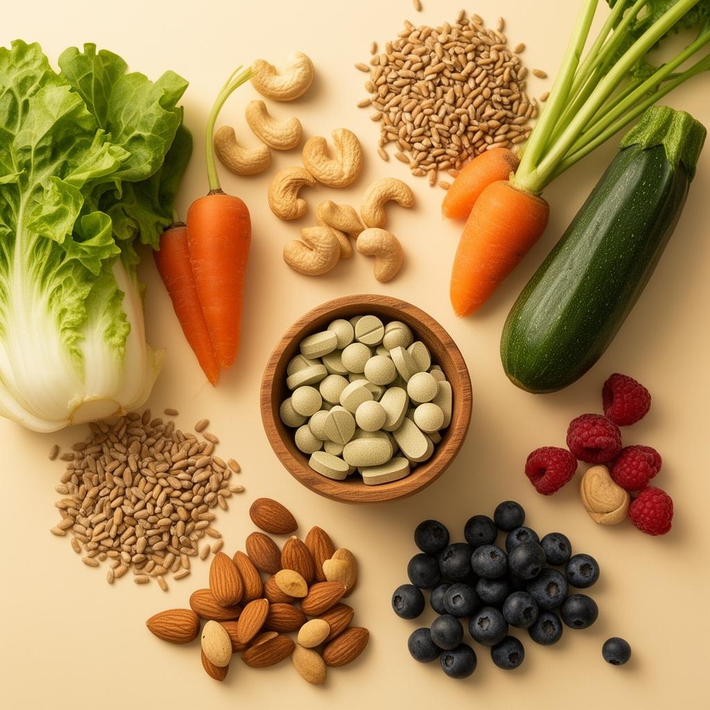 Whole foods, grains, vegetables, berries and supplements